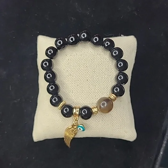 Bracelet Black Beads Gold Tone Angel Wing Evil Eye Blue White Protection Unique - Picture 3 of 5